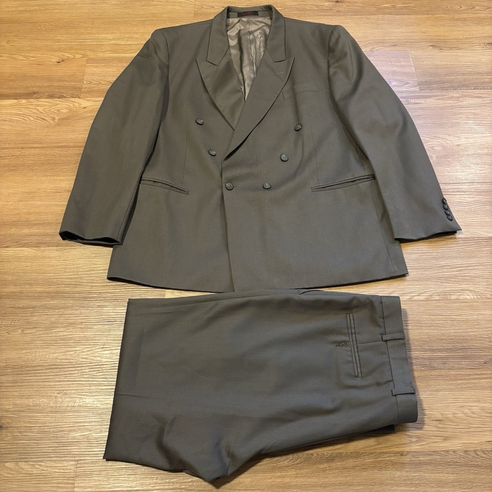 André Villard Double-Breasted Six-Button Suit Men's 46L Pleated 2-Piece Wool